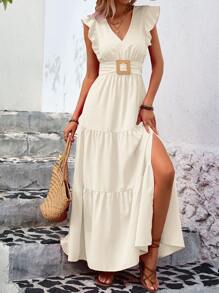 Breezaya Vestido con escote en V, volantes en la cintura con lazo, pliegues con volantes en el bajo y abertura lateral - Albaricoque - Ver 1
