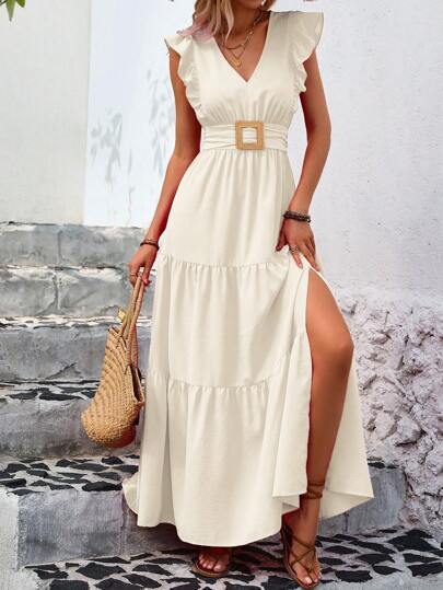 Breezaya Abito con scollo a V, balze, cintino alla vita, pieghe, balza sul fondo e spacco per le donne