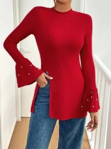 SHEIN Essnce Damen Crop Top mit Rundhalsausschnitt, Langarm, Rippenstruktur, Glockenärmeln und Perl-Dekor in Rot