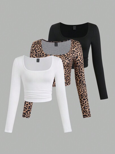 Sweetra Camiseta casual de manga larga y cuello cuadrado de mujeres de estampado de leopardo sexy Y2K para primavera/verano