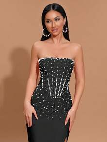 Modphy Robe longue élégante pour femmes, bleu clair, sexy, à encolure dégagée, ornée de perles, moulante avec fente haute, pour soirée