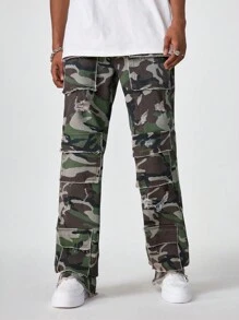 PAVTROS 男士迷彩牛仔紧身喇叭牛仔裤修身破洞工装牛仔裤，适合送给老公、男朋友的礼物 - 軍綠色 - 查看 7