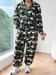 Flirla 2pcs Plus Size Camouflage Long Sleeve Hoodie And Straight-Leg Casual Pants Set - Multicolor - View 6