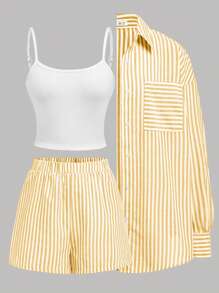 SHEIN Girlism 3 件套青少年女孩编织条纹长袖衬衫、针织吊带背心和短裤度假休闲装套装 - 黃色 - 查看 6