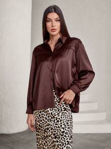 GENKIRA French Style POLO Collar Solid Color Single Breasted Back Pleat Detail Long Sleeve Blouse For Women - Coffee Brown - View 5