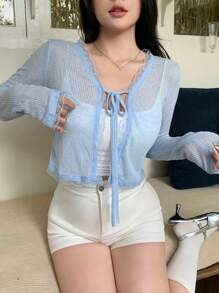 DAZY Women's Lace Splice Drawstring Tie Cuff Blouse Long Sleeve Women Tops,Fall Women Clothes