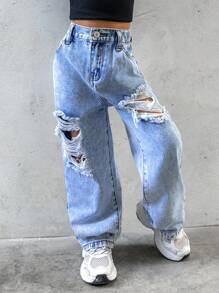 SHEIN Explorewe Young Girl New Casual And Stylish Light Blue Distressed Washed Straight Leg Jeans, School, Campus, College Summer Holiday