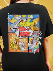 TOM & JERRY X SHEIN Camiseta de manga corta, estampado vintage de dibujos animados, talla grande, color negro