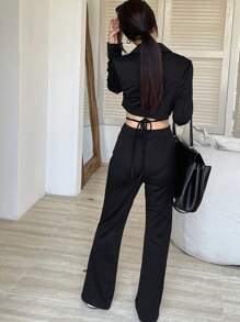 DAZY Conjunto de 2 piezas con blusa de botones con cuello y pantalones para mujer