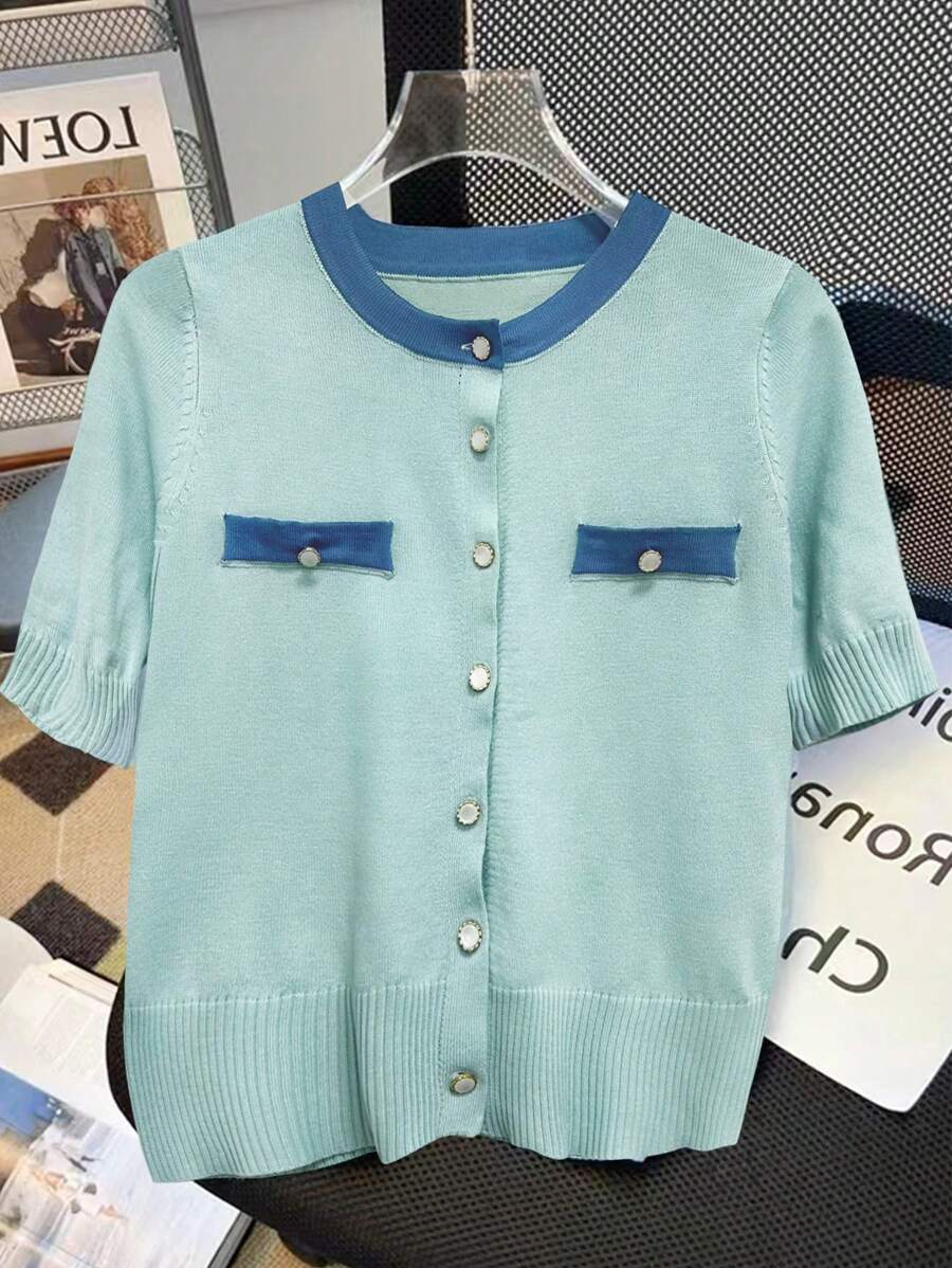 SHEIN Unity Women's Contrast Color Short Sleeve Knit Cardigan Fall Cloth For Women - Baby Blue - View 1