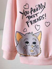 SHEIN Leap Crew Sudadera de cuello redondo con estampado de gato lindo y versátil para niña bebé, adecuada para la temporada de otoño invierno y regreso a la escuela - Rosa - Ver 5