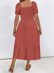 SHEIN LUNE Plus Size Solid Color Square Neck Ruffle Hem Short Sleeve Dress - Orange - View 2