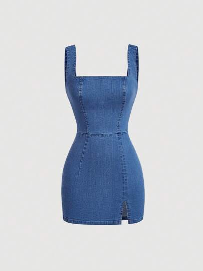 SHEIN MOD Vestido vaquero casual corto de mujer sin mangas y de cuello cuadrado