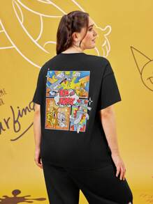 TOM & JERRY X SHEIN Camiseta de manga corta, estampado vintage de dibujos animados, talla grande, color negro