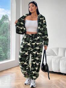 Flirla 2pcs Plus Size Camouflage Long Sleeve Hoodie And Straight-Leg Casual Pants Set - Multicolor - View 7