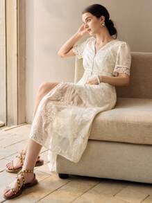 Women's Solid Color Simple Daily V-Neck Short Sleeve Lace Patchwork Dress - Beige - View 6