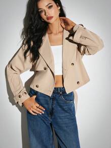Poéselle Abrigo corto de gabardina caqui para mujeres, de doble botonadura y corte cruzado. Abrigo de gabardina informal para otoño/invierno, prendas básicas de otoño, ropa de negocios casuales, abrigo suelto