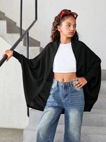 SHEIN Tween 女童休闲纯色落肩针织开衫 - 黑色 - 查看 4