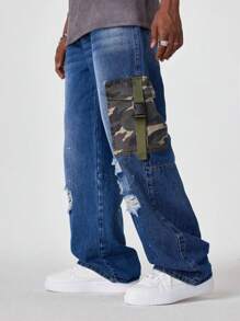 PAVTROS Quần Jeans Cargo Jeans Xanh Đậm Giặt Bằng Denim Túi Vá Streetwear Rộng Rãi Cho Nam, Quà Tặng Cho Chồng, Bạn Trai - Rửa tối - Xem 1