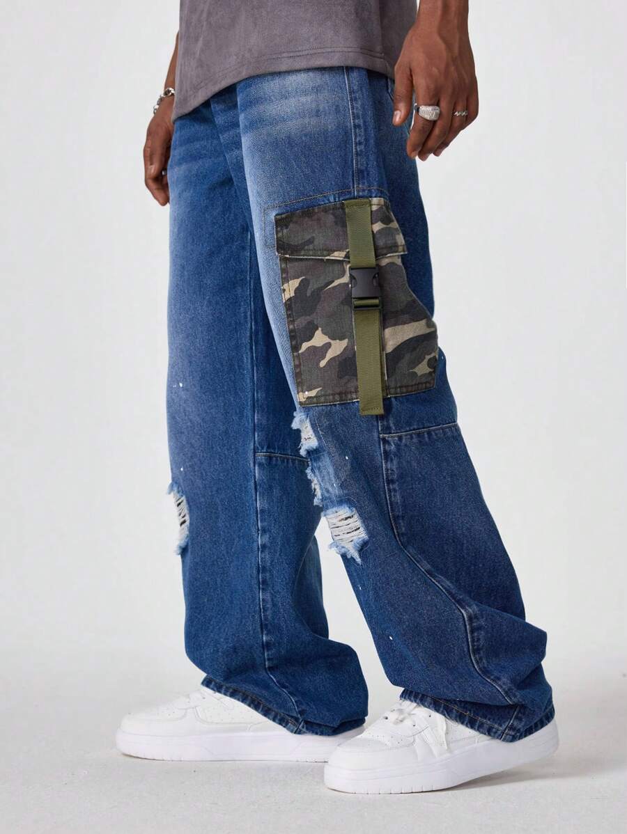 PAVTROS Quần Jeans Cargo Jeans Xanh Đậm Giặt Bằng Denim Túi Vá Streetwear Rộng Rãi Cho Nam, Quà Tặng Cho Chồng, Bạn Trai - Rửa tối - Xem 1