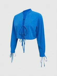 INAWLY Camisa para mujer casual y cómoda con lazo al frente - Azul - Ver 4
