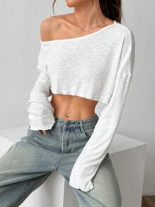 Flirla 纯色性感不对称领口短款长袖衬衫，女士休闲不对称，生菜饰边，罗纹针织落肩不对称领口宽松白色粘胶纯色女士上衣，春季/秋季，休闲日常穿着