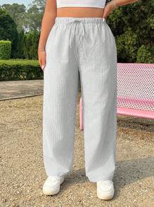 SHEIN EZwear Plus Size Women Drawstring Waist Striped Casual Vacation Straight Pants - Coffee Brown - View 3