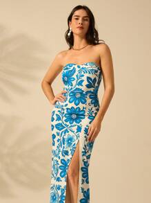 CAJUNI Váy mùa hè in hoa có dây bên hông có viền cổ điển nhiệt đới boho dành cho nữ - Xanh và trắng - Xem 1