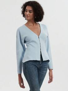 Women's Solid Color Simple Loose Knitted Sweater Jacket,Three Quarter Sleeve Tops
