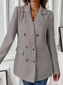 Calvaya Women's Turndown Collar Long Sleeve Fashionable & Versatile Plaid Double-Breasted Blazer Fall Cloth For Women - Coffee Brown - View 6