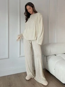 SHEIN Essnce 2 件装秋季新款休闲宽松喇叭阔腿裤女士套装 - 杏色 - 查看 5