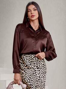 GENKIRA French Style POLO Collar Solid Color Single Breasted Back Pleat Detail Long Sleeve Blouse For Women - Coffee Brown - View 3