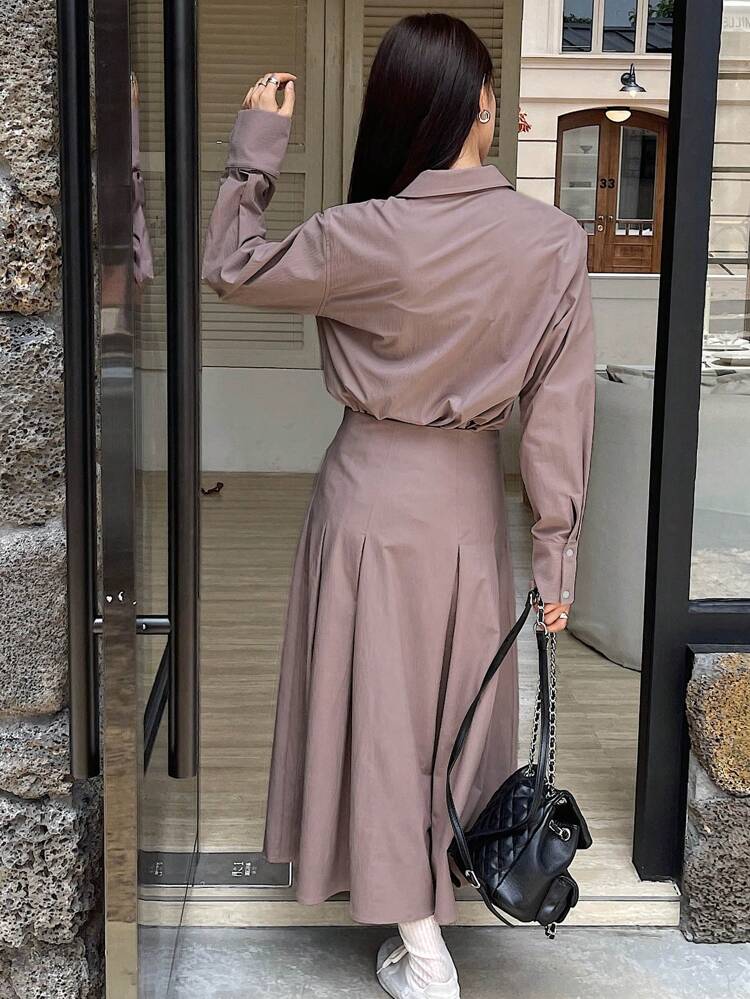 2pcs Women Loose Letter Patch Blouse And Skirt Set,Fall Clothes