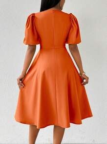 Lunelith SHEIN Lunessa 女式圆领泡泡袖喇叭长裙，春夏女式长款服装 - 橘色 - 查看 2