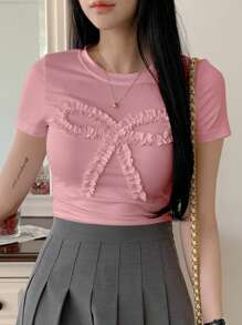 DAZY Women's Summer Casual 3D Frill Bow Decor T-Shirt,Graphic Tees - Baby Pink - View 3