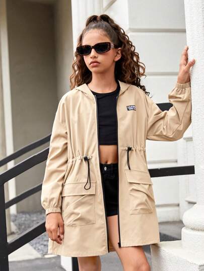 SHEIN Tween Girls Casual Contrast Color Zip-Up Hooded Cardigan,In Fall/Winter