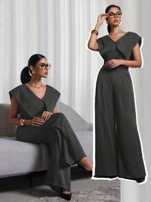 Mulvari 2 件套女士条纹印花 V 领上衣和裤子套装 2 件套 - 深灰色 - 查看 1