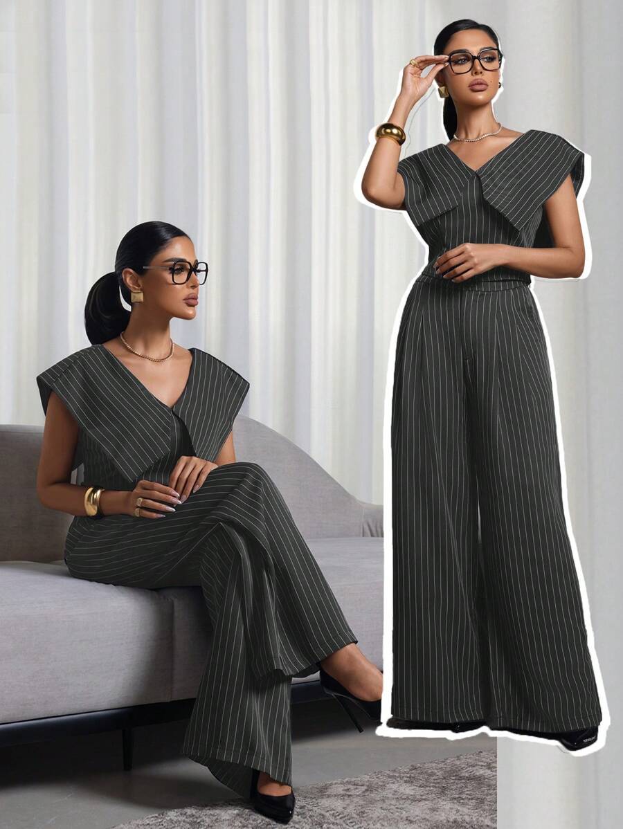 Mulvari 2 件套女士条纹印花 V 领上衣和裤子套装 2 件套 - 深灰色 - 查看 1