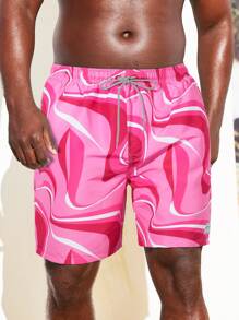 Manfinity Quần short đi biển in họa tiết sọc sóng cỡ lớn cho nam, quần bơi - Hồng - Xem 4