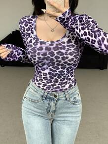 DAZY 女士豹纹长袖圆领修身迷人甜美上衣，秋季服装