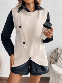 Chiquease Áo vest dệt kim thông thường cổ tròn một hàng khuy màu trơn cho nữ mùa xuân và mùa thu - Màu be - Xem 4