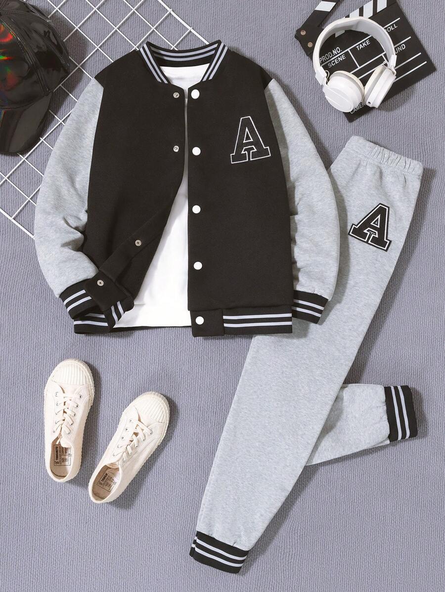 SHEIN 2-Pack Boys' College Casual Contrast Color Letter Chapter Baseball Jacket With Sweatpants Suitable For Casual School Outings, Easy To Match Clothes, Suitable For Autumn And Winter, Back To School - Light Grey - View 1