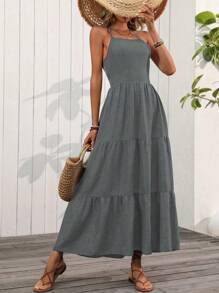 SHEIN Clasi Cross-Strap Backless Spaghetti Strap Dress For Summer Vacation - Grey - View 4