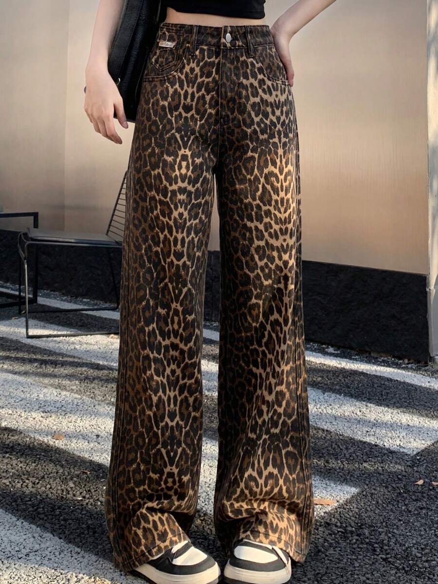 DAZY Women's Leopard Print Loose Straight Leg Jeans Cheetah Print - Brown - View 1