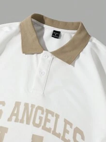 Manfinity Sporsity Men's Plus Size Button-Down Letter Los Angeles Print Short Sleeve Loose & Comfortable Athletic Polo Shirt, For Going Out
