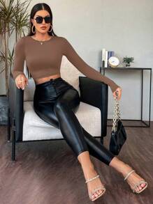 RueChic Solid Round Neck Crop Tee - Brown - View 6