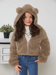 SHEIN Tween Girl 纯色双面保暖内衬连帽夹克