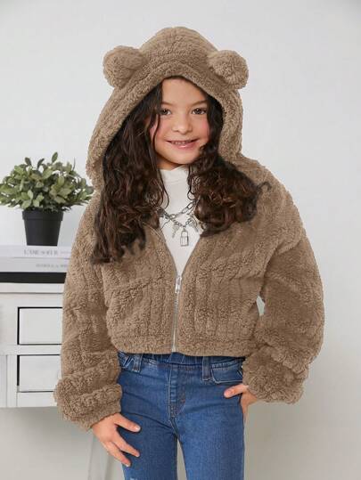 SHEIN Tween Girl Solid Color Reversible Thermal Lined Hoodie Jacket,In Fall/Winter