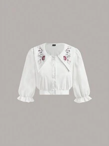 SHEIN Unity Women's Solid Color Collar Long Sleeve Front Button Floral Embroidery Casual Blouse - White - View 4