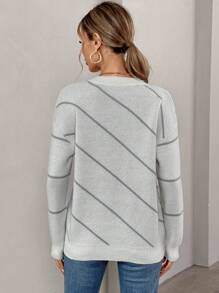 SHEIN LUNE Suéter de punto casual de mujer con bloques de color y rayas, de otoño, jersey de punto para otoño e invierno - Beis - Ver 2